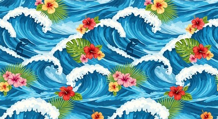 Vibrant ocean waves with surfers and tropical floral pattern design