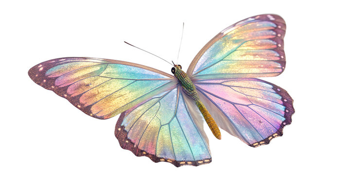 Iridescent Butterfly Wings with Rainbow Holographic Glow on White Background butterfly, iridescent, wings, rainbow, holographic, shimmer, pastel, morpho, insect, delicate, translucent, glow, ethereal,