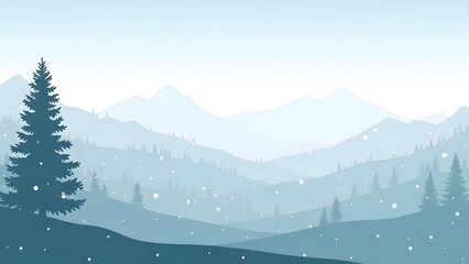 Serene mountain landscape with pine trees and hazy peaks