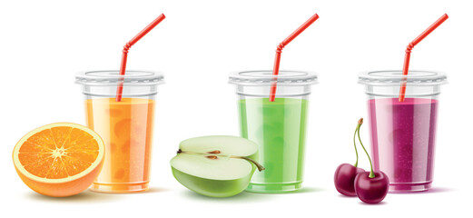 Juice in plastic cup with fruit. Cold drinks. Realistic smoothies in glasses. Disposable container with lids and straw. Cherry cocktail. Orange fresh. Apple beverage. Vector 3D objects set