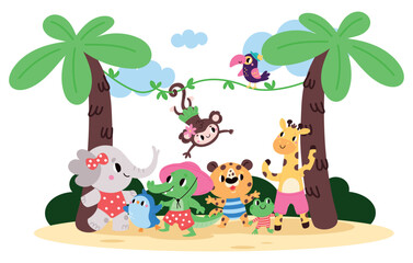 Fototapeta premium Cute cartoon animals having fun in jungle among palm trees and vines. Happy mammal. Beach party. Crocodile, lion and elephant in swimsuits. Summer vacation. Vector kids illustration