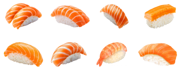 Set salmon and shrimp nigiri sushi pieces isolated