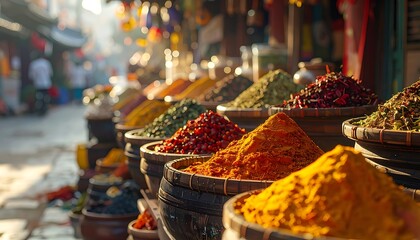 Colorful spices piled in bowls at a market stand on a bustling street bathed in warm light