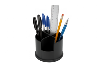 Stationery pens pencils and ruler in desk organizer