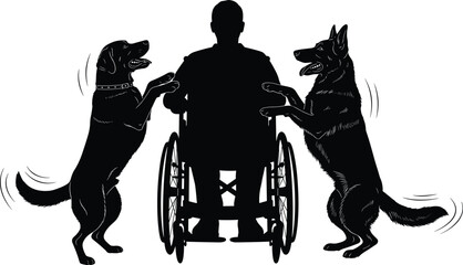 Black silhouette of a man in a wheelchair with two service dogs, a Labrador and a German Shepherd, standing on hind legs, symbolizing assistance, loyalty, and disability vector illustration.