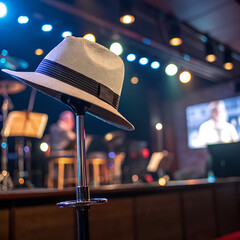 Stylish Fedora Hat on Stand in a Vibrant Concert Hall Setting.