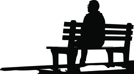 Black silhouette of a man wearing glasses and a jacket sitting alone on a park bench, contemplative and relaxed, looking out into the distance, outdoor recreation vector illustration.