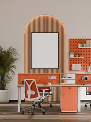 Modern Creative Workspace with Arch Wall Design and Workstations &ndash; 3D Render
