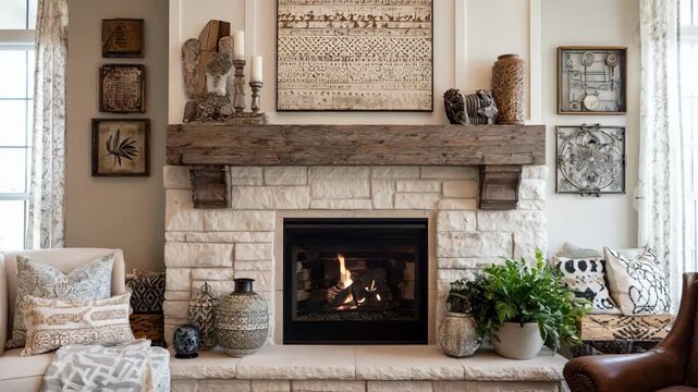 Medium shot of a fireplace mantel with eclectic decor blending traditional patterns and rustic materials offering a unique and inviting focal point.