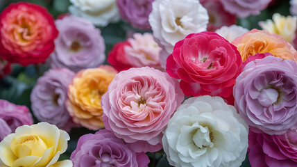 A vibrant full frame close up of a colorful garden of blooming roses in various shades