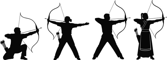 Archery silhouette collection featuring archers aiming bows, traditional archery poses, precision shooting stances, sport training illustration set for design, outdoor activity artwork © MstRokshana