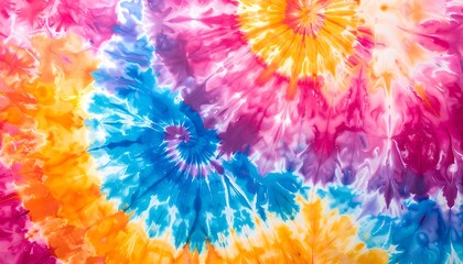 Colorful spiral tie-dye design with pinks, purples, yellows, and blues creates a vibrant, abstract pattern