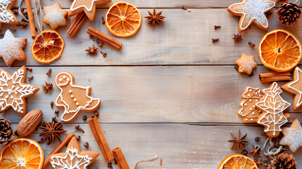 Flat lay of festive gingerbread cookies, dried oranges, cinnamon sticks, and star anise on a dark wooden table with space.