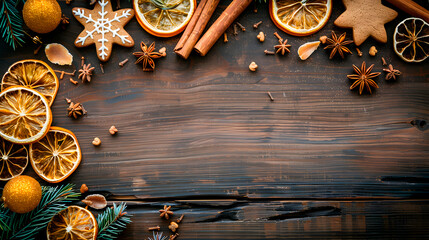 Flat lay of festive gingerbread cookies, dried oranges, cinnamon sticks, and star anise on a dark wooden table with space.