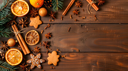 Flat lay of festive gingerbread cookies, dried oranges, cinnamon sticks, and star anise on a dark wooden table with space.