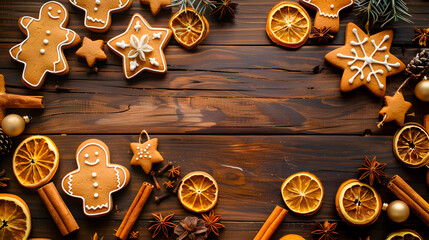 Flat lay of festive gingerbread cookies, dried oranges, cinnamon sticks, and star anise on a dark wooden table with space.