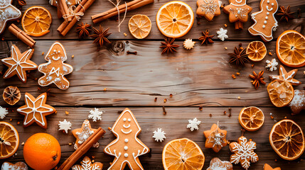 Flat lay of festive gingerbread cookies, dried oranges, cinnamon sticks, and star anise on a dark wooden table with space.