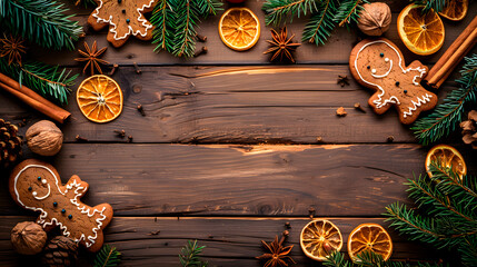 Flat lay of festive gingerbread cookies, dried oranges, cinnamon sticks, and star anise on a dark wooden table with space.