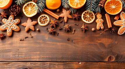 Flat lay of festive gingerbread cookies, dried oranges, cinnamon sticks, and star anise on a dark wooden table with space.