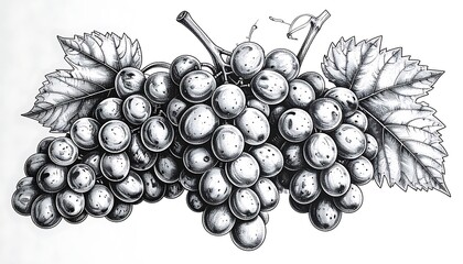 Detailed line art depiction of clusters of grapes with leaves, on a plain background