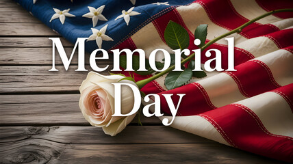 American flag with a white rose honoring fallen heroes on memorial day