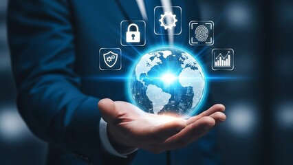Hands holding a glowing earth with digital security icons representing cybersecurity and data protection