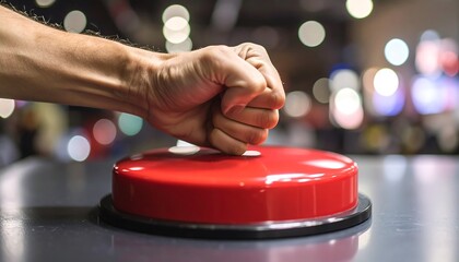 Hand pushing red button
