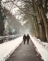 Fototapeta premium Couple walks a snowy path lined by bare trees beside a tranquil canal, winter scene