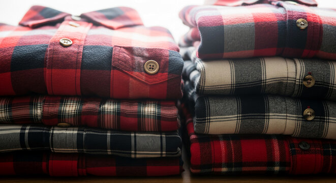 Two stacks of folded flannel shirts with red and black plaid, representing classic style and organized wardrobe, ideal for apparel or fashion concepts