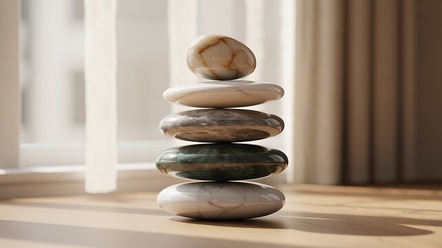 Balanced polished zen stones cairn in natural light by window for tranquility