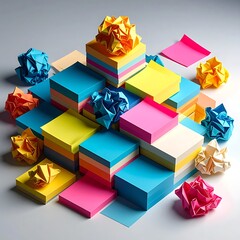 Colorful stacks of square sticky notes and crumpled paper balls arranged on a plain, light surface, casting soft shadows
