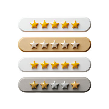 3d render of various star rating bars demonstrating different levels of customer satisfaction, feedback, and product review scores on white background
