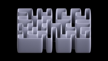 3d render, abstract volumetric geometric maze, made of flat white ribbons isolated on black background, modern minimalist wallpaper