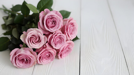 Delicate pink roses in a bouquet with a light wood background and copy space