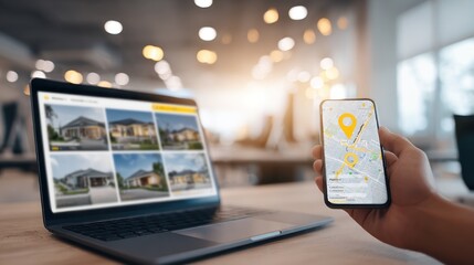 Real estate search on laptop and phone