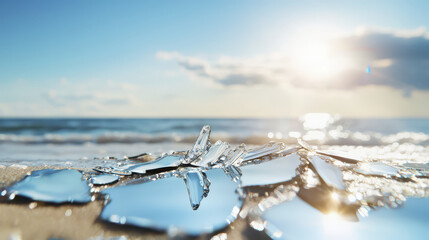 Coastal beach scene with reflective glass pieces on sand, capturing serene beauty of nature and sunlight