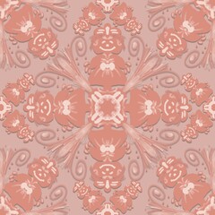 vector seamless pattern with flowers,orange curves ,painted create to flower shape,girl, baby, brown background in geometric patterns as sarong,fabric,tile,printed fabric,batik,tablecloth patterns.