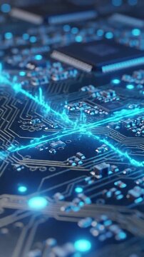 Digital waveforms pulsating through metal grid with blue abstract circuit board electronic effect abstract background style featuring
