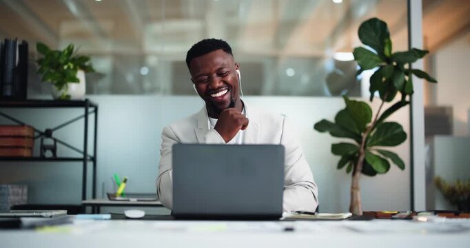Earphones, laptop or businessman with wave on video call for insurance advice, policy or benefits. Financial advisor, black person or webinar with notebook in office for greeting and finance service