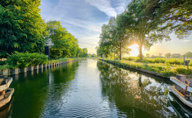 Obraz premium A serene view of a tranquil riverbank at sunrise, beautifully framed by vibrant trees and clear blue skies
