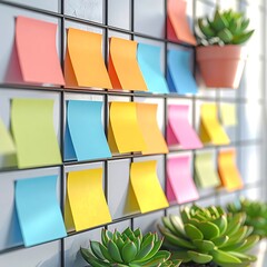 Colorful sticky notes are displayed on a wire rack wall organizer, alongside small potted succulent plants