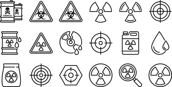 Dangerous chemical and radioactive hazard icon set showing toxic waste symbols, biohazard warnings, contamination alerts, safety signs and risk indicators