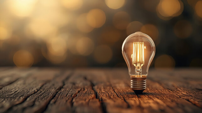 Glowing vintage light bulb standing on wooden table, warm bokeh background, creativity and innovation concept, 3D illustration - Powered by Adobe