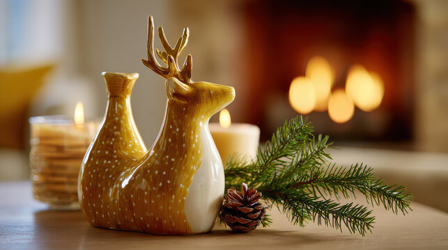 Gold ceramic deer ornament with pine branch and candle decoration evoking cozy holiday warmth by fireplace - Powered by Adobe