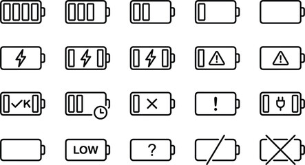 Minimal battery status icon collection showing charge levels, alerts, errors, and power indicators for user interface, mobile, and device design