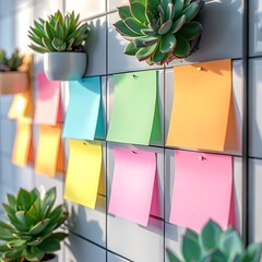Colorful sticky notes attached to a grid wall with potted succulents in a bright, sunlit room