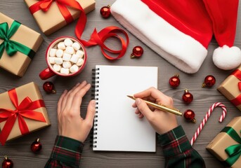 Overhead view of hands writing a christmas wish list on a notepad surrounded by gifts, hot chocolate, candy cane, and santa hat