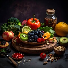 Colorful still-life with fresh fruit, nuts, and vegetables arranged on a wooden platter against a dark background
