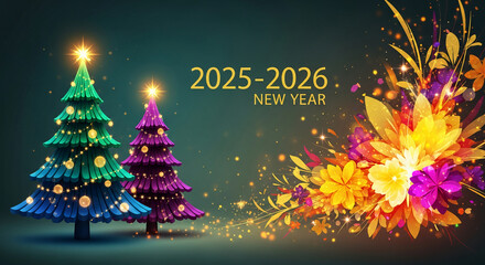 Two stylized Christmas tree images with string lights and star, beside golden floral display and year numbers, symbolizing new beginning, festive joy