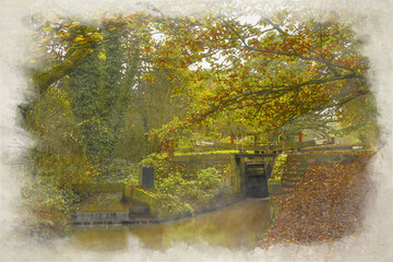 A digital watercolour illustration of a lock at bridge 25 on the Caldon Canal during autumn.
